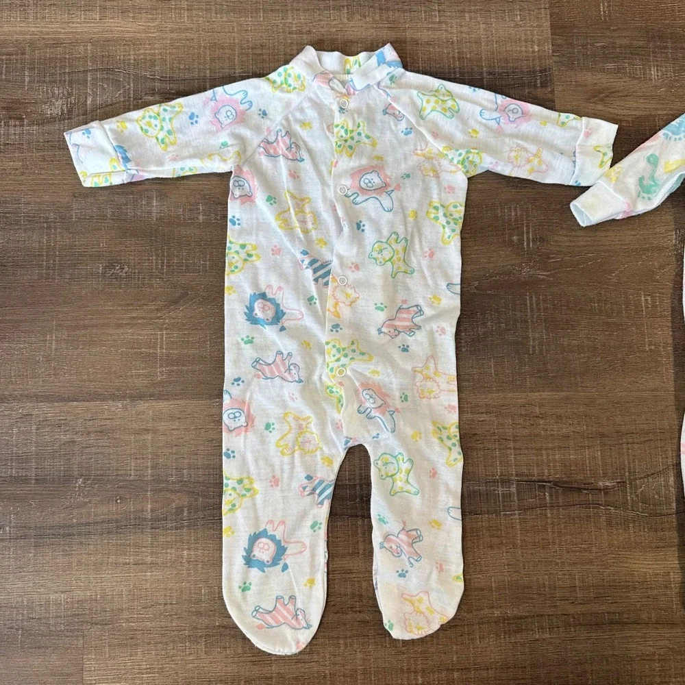 Vintage Little Me Baby Footie Sleeper Set Pastel Animal Footprint White 2PK 0-3M